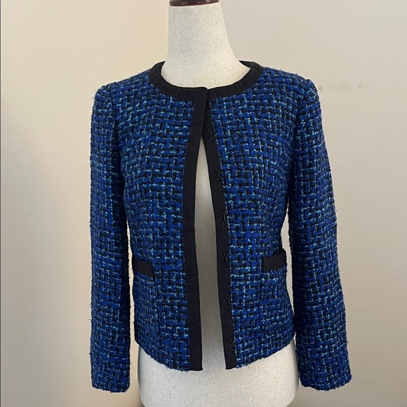 J. Crew Jackets & Blazers - J.Crew Blue Tweed Jacket Blazer Black Trim Wool Blend Small